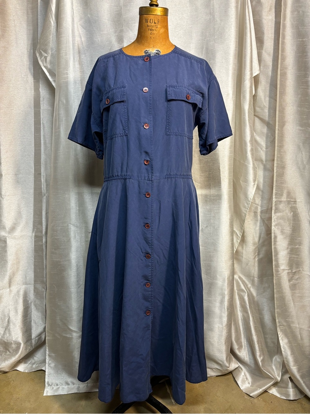 Vintage Argenti Blue Silk Maxi Dress 8 Button Front Quiet Luxury Minimalist